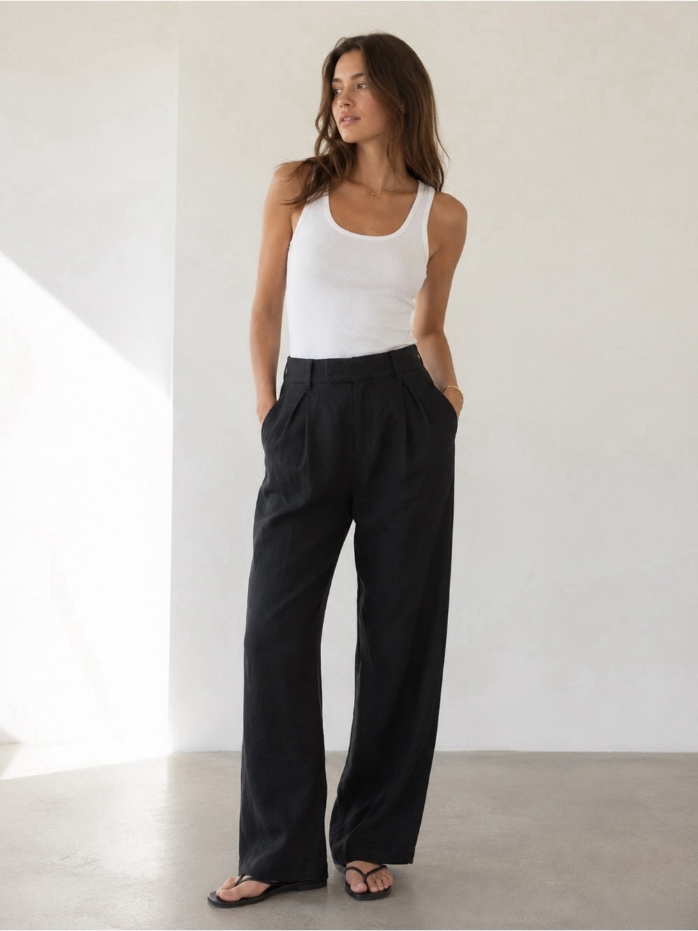 Vince Solid Black Straight Leg Linen Blend Trouser Pants